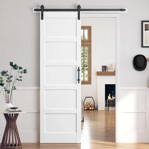 32x96 Inch White Sliding Barn Door Slab with 5.5ft Hardware Kit Included, 5-Panel, MDF Wood Panel Covered with Water-Proof Scratch-Proof PVC Surface, Simple DIY Assembly