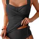 B2prity Tankini Swimsuits for Women Tummy Control Two Piece Bathing Suit High Waisted Wrap Swim Suit with Bottom Swimwear (Medium, Black) M