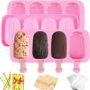3pcs Large Silicone Popsicle Molds Set, BZIDII 4 Cavities Cake Pop Molds, Oval Ice Cream Bar Mold Ice Pop Cakesicle Molds Silicone with 100 Wooden Sticks & 100 Bags &100 Twist Ties(Pink)