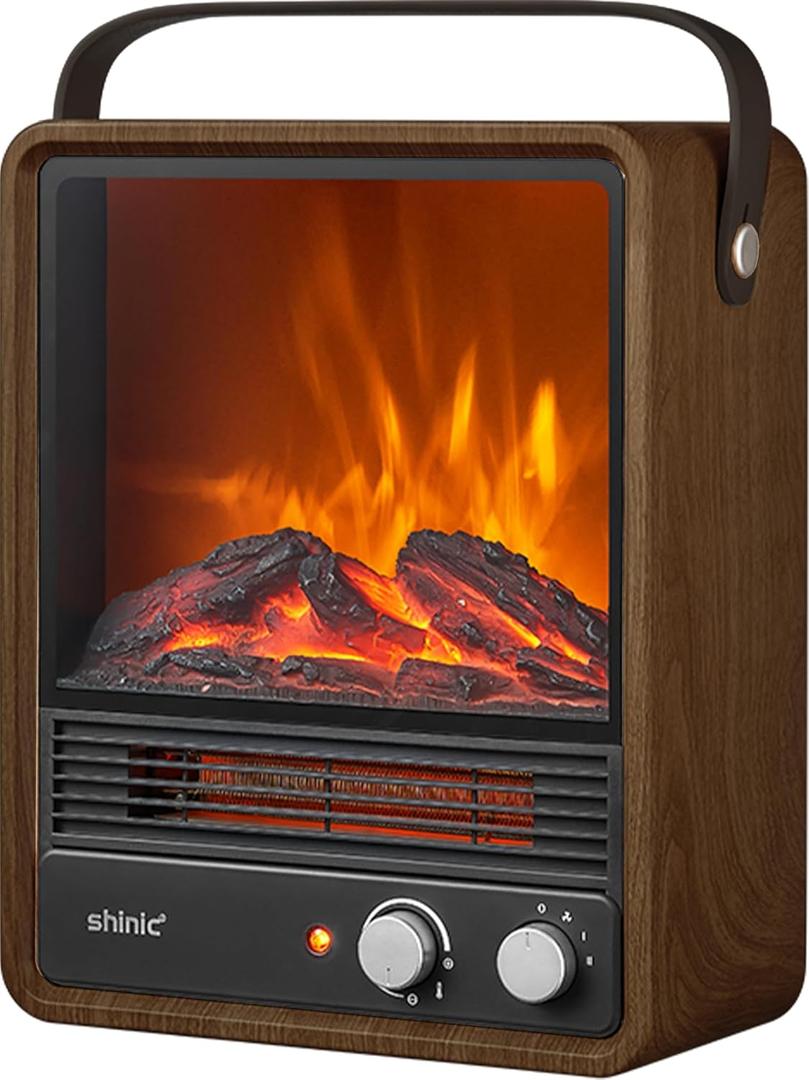 Shinic Electric Fireplace Heaters for Indoor Use,1500W Space Heater with Crackling Sound & 3D Realistic Flame, Safety Protection, Mini Portable Fireplace Heater for Home Christmas Decoration, Walnut