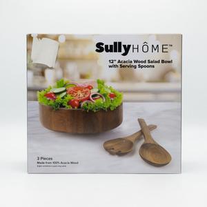 SullyHÔME 12" Acacia Wood Salad Bowl with Serving Spoons