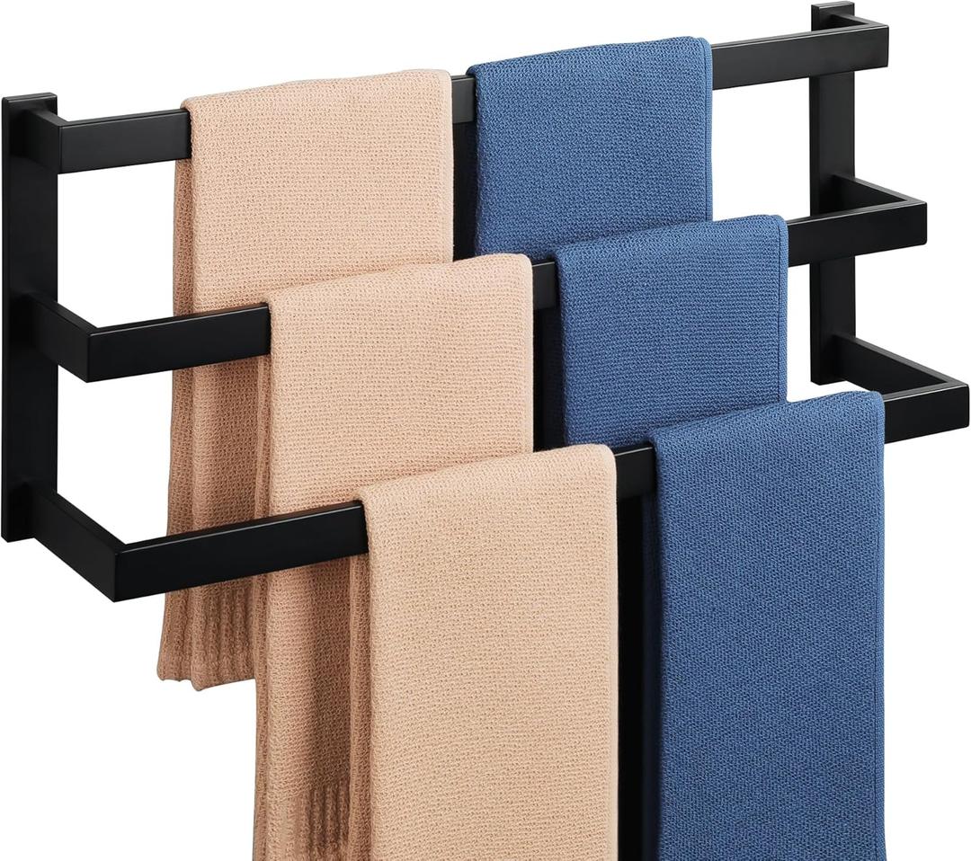 Alise 3 Towel Bars for Bathroom Wall Mount,3-Layers Towel Holder Towel Racks for Bathroom Lavatory,SUS304 Stainless Steel Square Towel Rail Towel Hanger for Walls,Matte Black