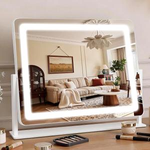 Vanity Mirror with Lights 22"x17", Large LED Makeup Mirror with Light, Smart Touch with 3-Color Lighting, Dimmable, 360 Rotation, HD Desk Mirror, Vanity Mirror Tabletop (White)