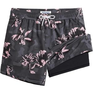 maamgic Mens Swim Trunks with Compression Liner 5" Stretch Beach Shorts Quick Dry with Zipper Pockets No-Chafing Board Shorts (Large, Dark Grey- Pink Poppy Flowers)