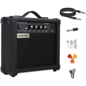 Electric Guitar Amplifier 20w Guitar Amp Practice Small Portable Travel Headphone Aux Distortion Gain Treble Bass Volume Jack with 3m Noiseless Cable Adapter Picks Aux Cable Earphone(BK) (Black)