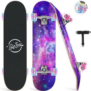 BELEEV Skateboards for Beginners, 31 x 8 inch Complete Skateboard for Kids Teens Adults, 7 Layer Canadian Maple Double Kick Deck Concave Cruiser Trick Skateboard with Multifunction Skate T-Tool