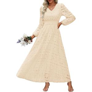 Women's Fall Long Puff Sleeve Floral Maxi Dress V Neck Lace Eyelet Hollow Out A Line Flowy Wedding Guest Dresses Pocket (US, Alpha, Medium, Regular, Regular, Apricot)