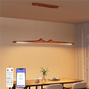 Dimmable LED Pendant Lights Kitchen Island with Remote & APP Control  Black Walnut Wood Island Lights, 30W Linear Chandelier Adjustable Brightness & CCT (3000K-6000K), Perfect for Kitchen Islands