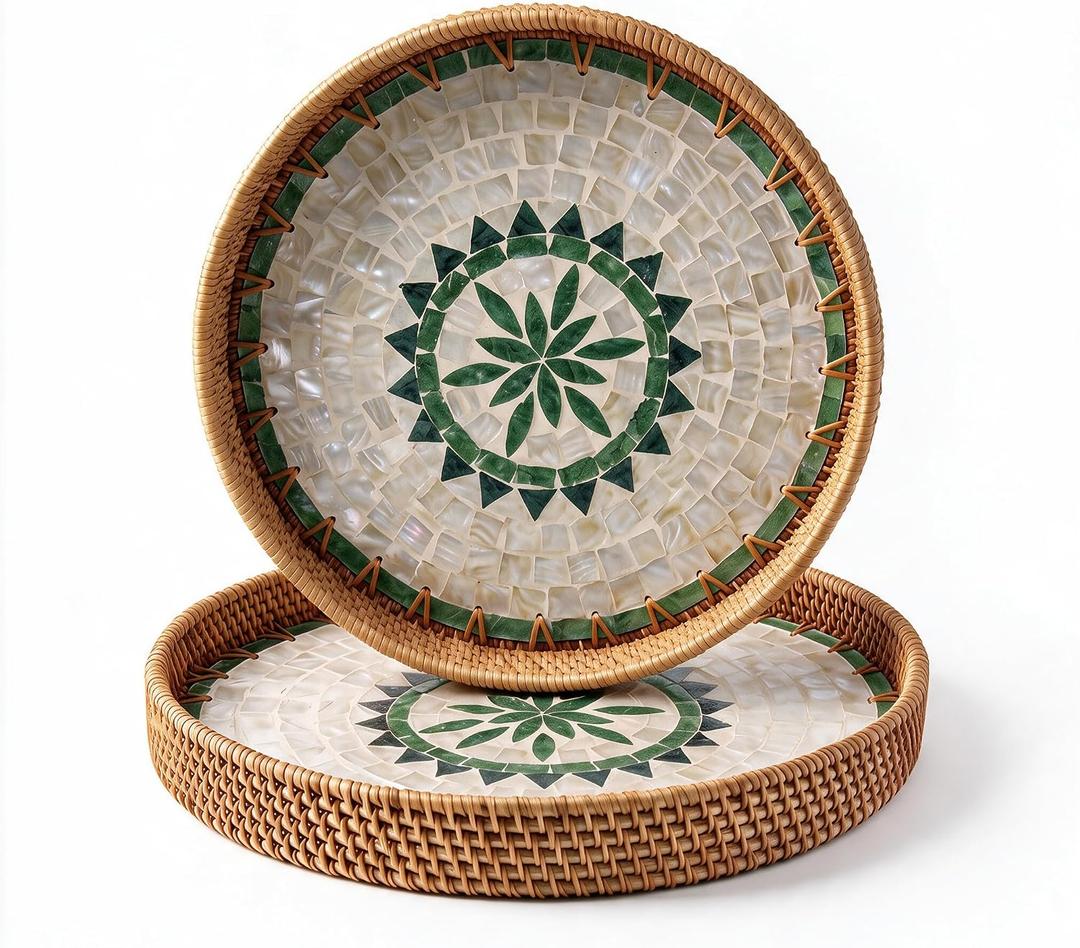 Round Rattan Tray Set with Shell Mosaic Design, Boho Serving Tray, Large Tray (13.78 × 1.09 in), Small Tray (11.81 × 1.18 in)