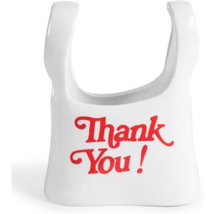 Handmade Ceramic Bag Flower Vase with Red Thank You Print | Glossy White Purse Vase for Modern Home Decor, Mantel, Kitchen, Living Room, Table Centerpiece