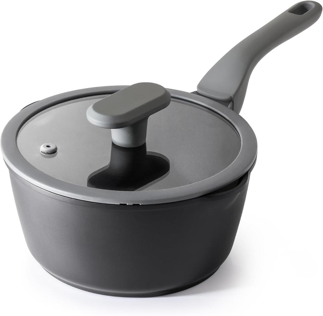 PRICUSIS Nonstick Saucepan with Lid, 2 Quart Non Toxic Pot with Pour Spouts, Full Coated, 100% Dishwasher Safe, Induction Compatible & Oven Safe, PFOS & PFOA Free, Black Sesame