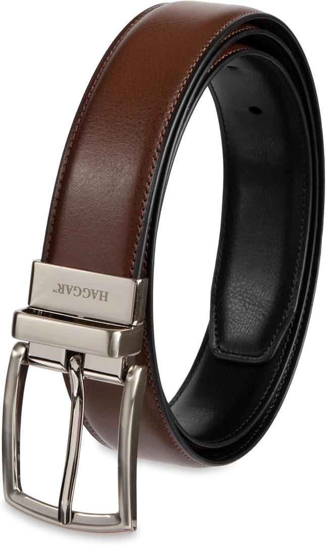 Haggar mens 2-in-1 Reversible Leather Belt for Dress Pants, Suits, Khakis - Classic, Business Casual, Formal, Work (X-Large (42-44), Cognac/Black Stretch)