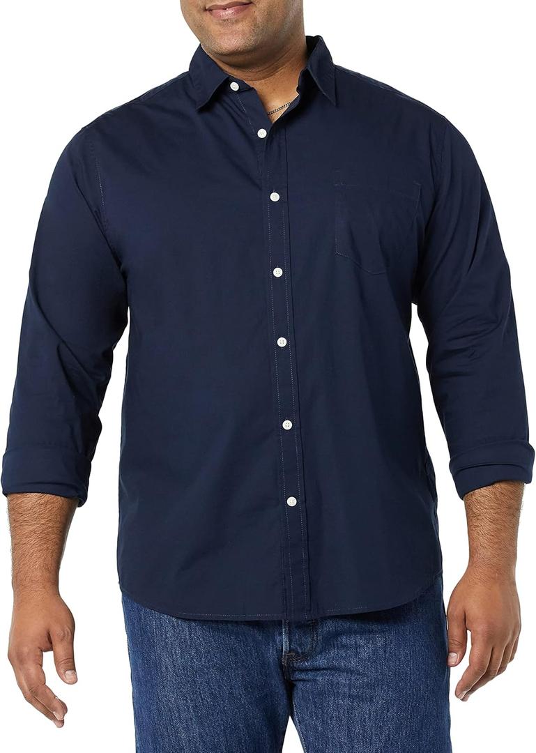 Amazon Essentials Men's Long-Sleeve Regular-fit Stretch Poplin Shirt (Blue, S)