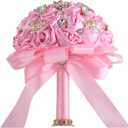 6.3" Pink Bridal Wedding Bouquet Round Bling Brooch Bouquet Throw Toss Artificial Rose Flower Bunch for Bride Bridesmaid Wedding Quinceanera