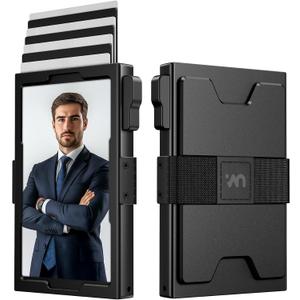 Slim Card Holder Wallet for Men, RFID Blocking Minimalist Wallet with ID Window, Metal Pop Up Wallet with Cash Band (Black)