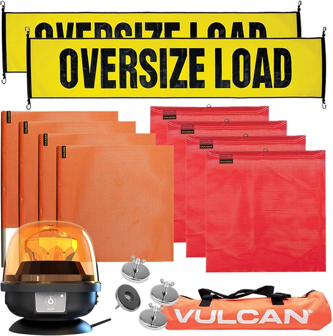 VULCAN Wide Load Marking Kit And Beacon Bundle | Includes 2 Stretch Cord Oversize Load Banners, 4 Magnets, 4 Red Flags, 4 Orange Flags, High-Viz Vented Storage Bag, and 1 Amber Remote Control Beacon