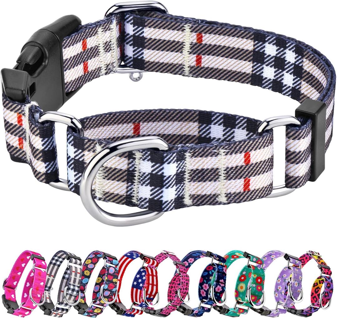 Hikiko Dog Collar for Small Medium Large Dogs, Adjustable Nylon Martingale Collars with Quick Release Buckle (Beige Plaid,M)