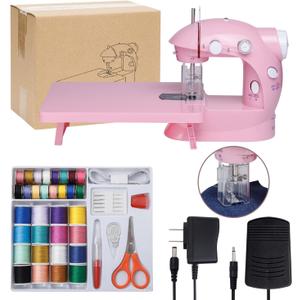 Sewing Machine for Beginners with Expansion Table and Foot Pedal and 42Pcs Sewing kit Finger Guard & Light Mini Small Portable Sewing Machines 2-Thread 2-Speed 2-Switches for Kids Ages 8-12 Peach Pink