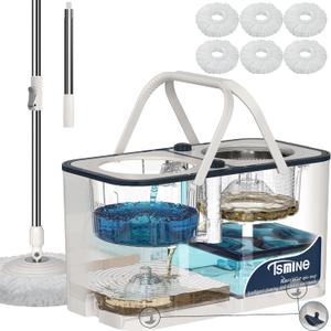Gen 1 Large-Capacity Spin Mop and Bucket for Big Homes & Deep Cleaning Days,4-Chamber System Separates Dirty & Clean Water, 2-GAL Heavy-Duty Design with Wheels & 6 Refill Mop Heads - White/Grey