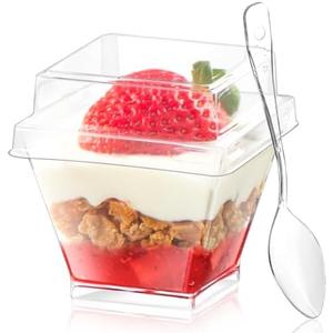 Qeirudu 2 oz Mini Dessert Cups with Lids and Spoons -100 Pack Plastic Shooter Cups for Desserts Small Square Serving Cups for Party Individual Pudding Parfait Jello Ice Cream