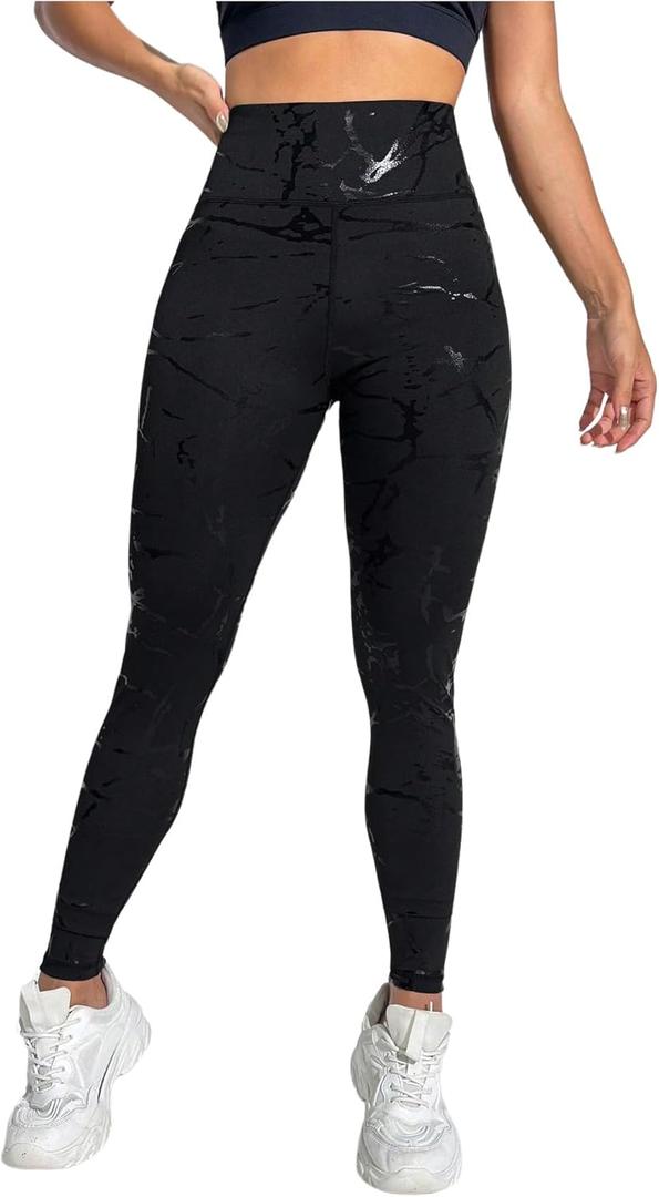 Women's Graphic Print Leggings High Waist Yoga Pants Fitted Long Trousers (Black, S)
