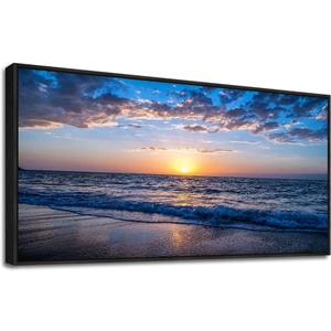 Blue Ocean Framed Wall Decor Living Room Large Size Canvas Wall Art For Bedroom Boho Home Decor Sea Beach Canvas Pictures Artwork Sunny Sea View Painting Office Wall Decorations Black Framed 24" X 48"