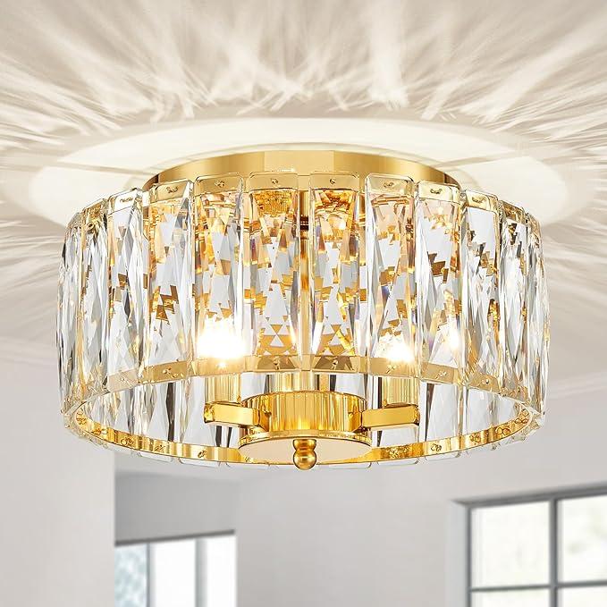 Gold Ceiling Light, Suitable Flush Mount Ceiling Light for Living Room, Dinning Room Hallway, D11.8'' × H6.1'', 3 G9 Sockets, Gold Finish Frame & K9 Crystal