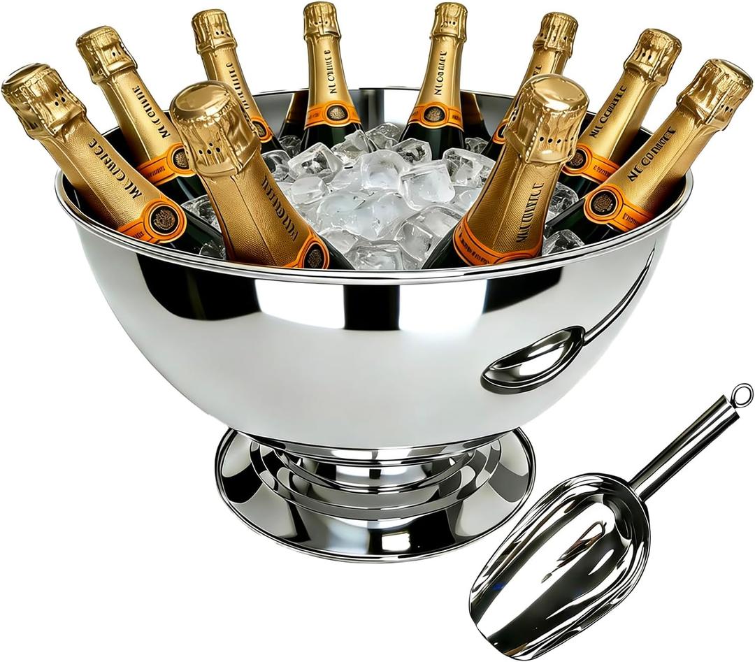 Stainless Steel Champagne Bucket with Scoop, 15.3" Large Capacity Ice Bucket with Detachable Base, Mirror Polished Inside & Out, Heavy Duty Wine Chiller Bowel for 8 Bottles Parties, Weddings