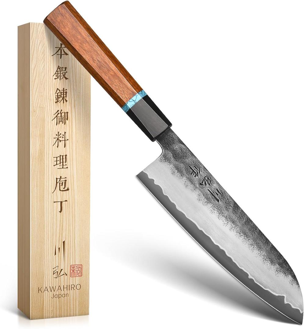 KAWAHIRO 7 inch Japanese Santoku Chef Knife, VG10 Stainless Steel Kitchen Cooking Knife, Professional Hand Forged Chef's Knives Exotic Wood Handle, Exquisite Wooden Gift Box