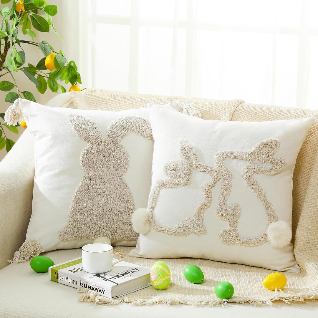 Beeveer 2 Pack 18 x 18 Inch Happy Easter Throw Pillow Covers Bunny Rabbit Throw Pillowcase for Spring Easter Home Sofa Couch Bedroom and Outdoor Porch Decor