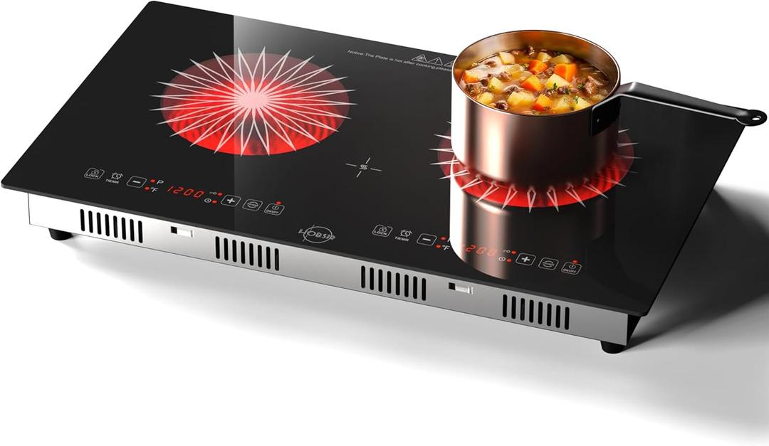 Hobsir 2 Burner Electric Cooktop 110v, Double Electric Stove Top Burner, 24 Inch Countertop and Built-in Counter Top with Plug, LED Touch Screen, Safety Lock for Kitchen Apartment RV Camp Stoves