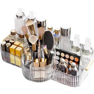 DASITON Large Makeup Brush Holder,Rotating Makeup Organizer,Vintage Striped Cosmetic Organizer,Makeup Storage Organizer for Bathroom Countertop,Dresser,Vanity(Clear)