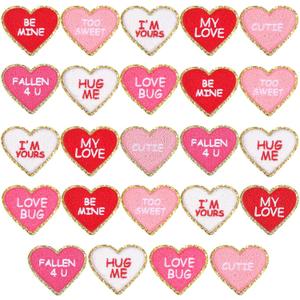 Juexica 24 Pcs Heart Shaped Iron on Patches Glitter Chenille Love Applique Embroidered Appliques Valentine's Day Transfers Sew on Fabric Patch for Clothes Jackets Backpack Hat Decoration(Classic)
