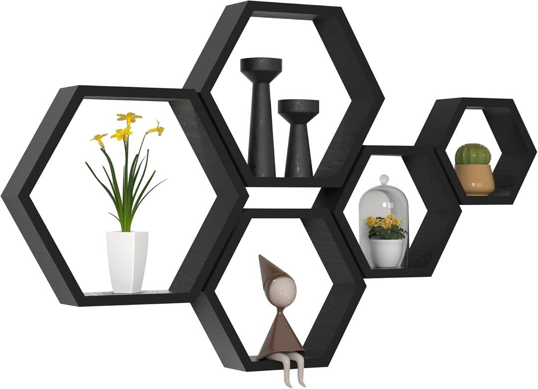 WONFUlity Hexagon Floating Shelves Honeycomb Shelves Wall Mounted Wood Farmhouse Storage Wall Shelf for Bathroom, Kitchen, Bedroom, Living Room,Driftwood Finish Decor, Black (5PC)