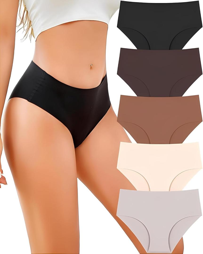UNDER THE SEA Seamless Underwear for Women Plus Size Mid Rise Lingerie Brief Sexy No Show Panties Womens Cheeky 5 Pack (Large, Black&mocha Grey&brick Yellow&apricot&silver Gray)