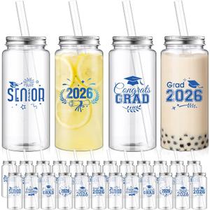 Yiyiring 48 Pcs Graduation Gifts 13.5 oz Class of 2026 Plastic Cups with Lid and Straws Bulk Senior Mason Jars Bottles Reusable Tumblers for College Congrats Graduate Party Supplies (Blue Black)