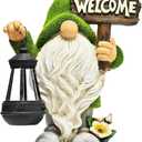 Garden Gnome Statue Outdoor Decor Large Flocked Resin Gnome Figurine with Solar Light Holding Lantern Welcome Sign Garden Yard Decorations Dwarf Sculpture for Outside Patio Porch Lawn Decor.