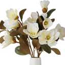 2PCS 32.2inch Artificial Magnolia Flowers 3D Real Touch 6 Heads Faux Magnolia Flower Bouquets Realistic Long Stem with Green Leaves for Home Wedding Table Office Floral Arrangement Decoration (White)