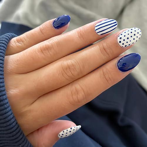 Blue Press on Nails Short Oval Fake Nails Polka Dot & Stripe Design Full Cover Glossy Navy Blue Glue on Nails for Women Manicure 24PCS