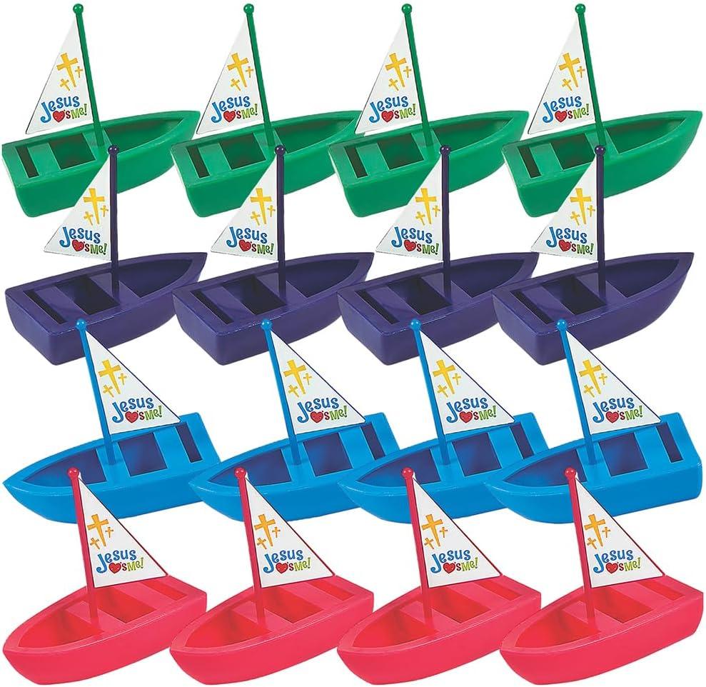 Fun Express Jesus Loves Me Toy Boats 12 Pack - Christian Gifts for Kids Bulk Prizes for Classroom Treasure Box | Sunday School Supplies & VBS Religious Party Favors | Plastic Boats for Church Rewards