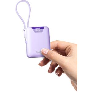 M1 Mini Portable Charger, 10000mAh Ultra-Compact Power Bank, 22.5W PD Fast Charging, Tpye-C Built-in Cable, Small External Battery Pack for iPhone, Samsung, Android iPad (Purple)