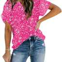 Allimy Women Summer Casual Split V Neckline Floral Chiffon Blouses Loose Tunic Short Sleeve Tops (Pink)
