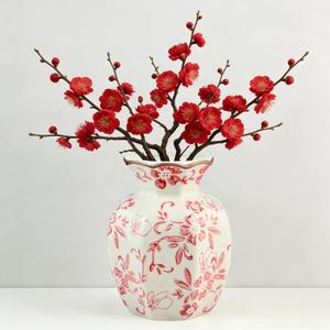 Octagonal Red and White Ceramic Vase - 6 Inch Vintage Chinoiserie Decorative Ceramic Vase, Hand-Painted Floral Design Decorative Vases for Home Table Centerpieces, Mantel, Living Room, Wedding