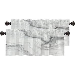 White Gray Abstract Marble Kitchen Valances for Windows,Black Art Curvy Wave Blackout Valances Curtains Multilayer Polyester Drapes for Kitchen Bedroom 2 Pack 52X18 Inches