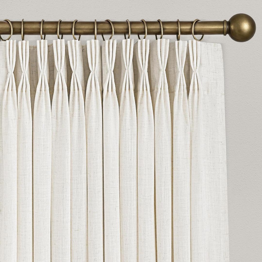 Triple Pinch Pleated 90 inch Long Linen Curtains 2 Panels Set for Living Room Track System Curtains Neutral Modern Farmhouse Light Filtering Semi Sheer Linen Blend Pinch Pleat Drapes 90 Length Cream