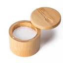 Husfunov Bamboo Salt Cellar, Salt Box with Magnetic Swivel Lid, Spice Box with Spoon, Round Salt Container for Storing Salt Pepper Sugar Herbs,6 Ounce Capacity, Set of 2