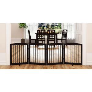 PUPETPO Freestanding Pet Gate for Dogs, Foldable Wooden Dog Gate for House, Indoor Dog Gate for Stair, Doorway, Gates for Dogs Indoor, 80 Inch Wide, 4 Panels 24",Brown