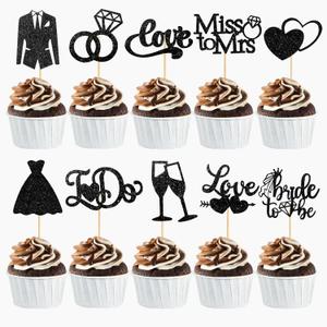 60 Pcs Bride to be Cupcake Toppers,Glitter Wedding Cupcake Toppers I Do Love Heart Ring Cupcake Picks for Bridal Shower Wedding Engagement Party Supplies,Black