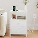 OLIXIS Nightstand with Charging Station, Bedside Table with USB Ports & Type-C, 2 Fabric Drawers Night Stand with Open Shelf, Compact End Table for Bedroom, White