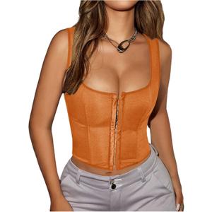 SOLY HUX Women's Y2K Vintage Strapless Overbust Corset Top Corset Boned Lace-Up Back Bodyshaper Crop Bandeau Top (Medium, Plain Orange)